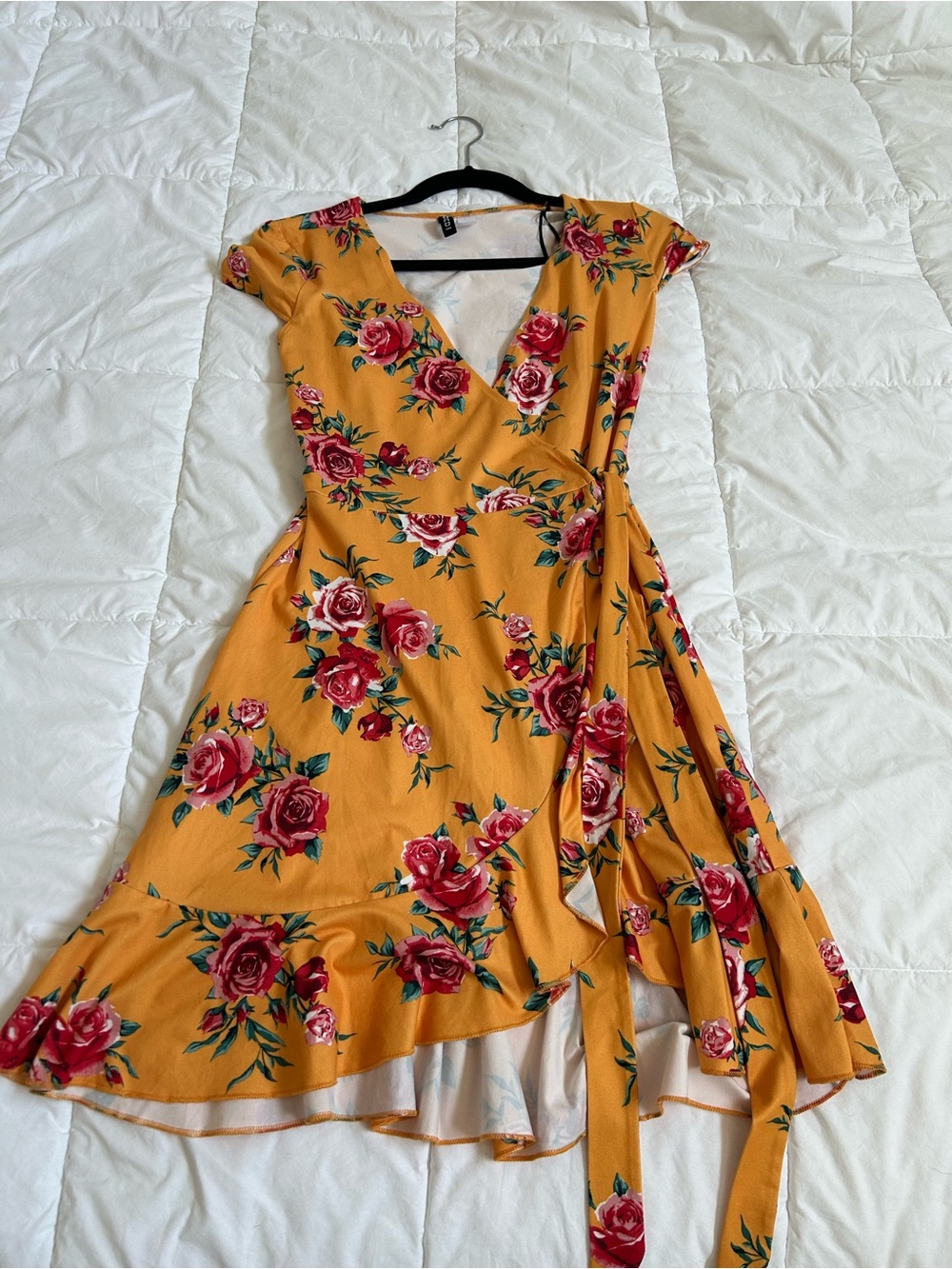 H&M Mustard Floral Wrap Dress with Red Rose Print